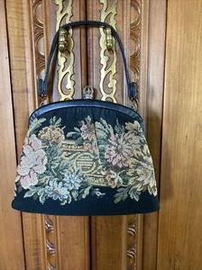 Vintage 1950 H1 USA schwarz Blumen Gobelin Teppich Handtasche schwarzer Riemen - Bild 1 von 15