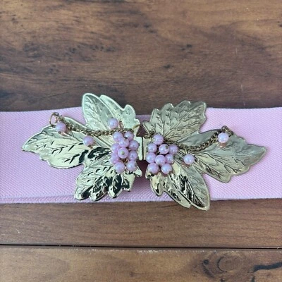 Vintage Pink Elastic Belt With Gold-Tone Leaf & Berry Buckle Clasp - Image 1 of 4