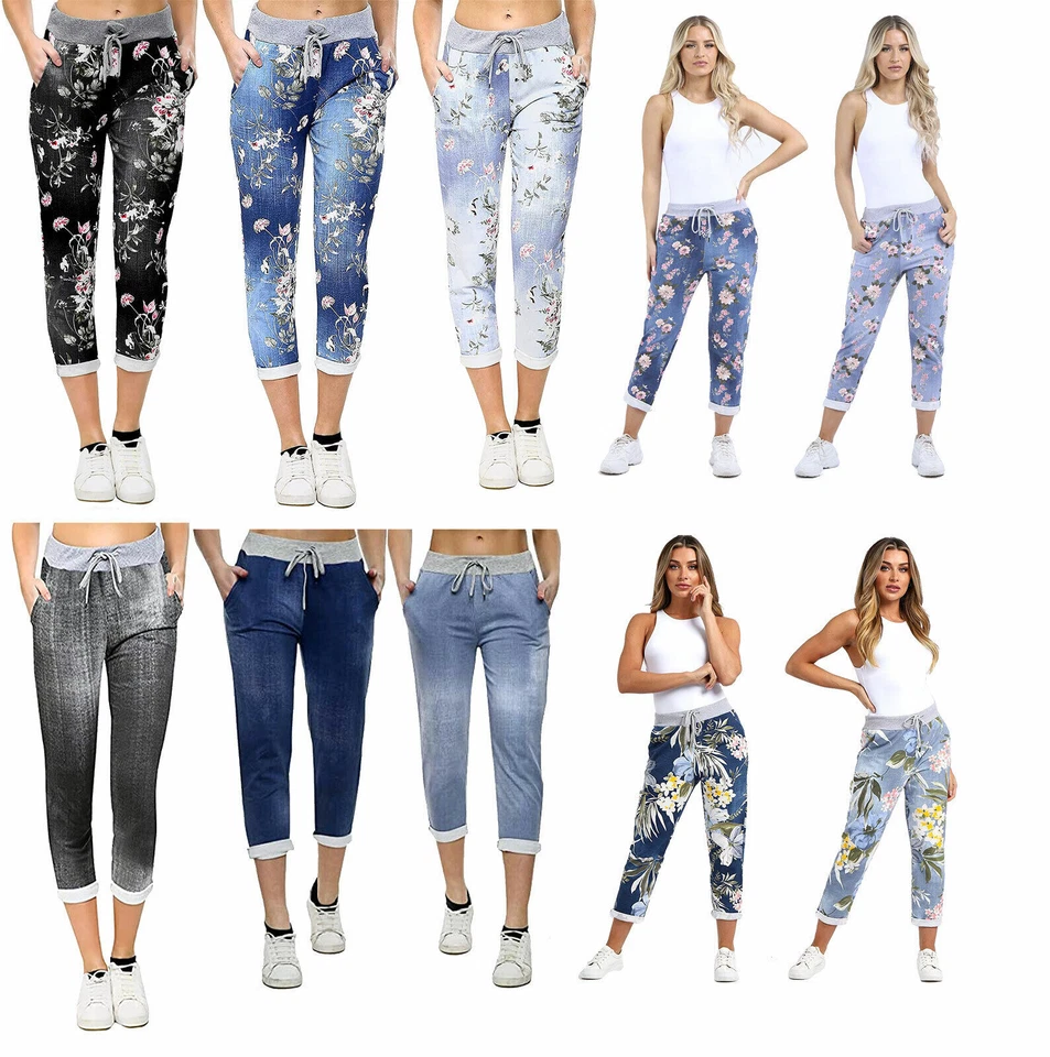 Ladies Italian Floral Print Joggers Cotton Trousers Leggings Magic Pants Jeans