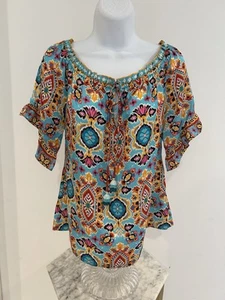 Hale Bob Silk Tunic Blouse Women’s Small Floral Blue 1/2 Sleeve W/Tassels Silk - Picture 1 of 12