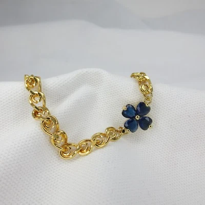 14K Gold Plated Over Stainless Steel Blue Flower Chino Chain Bracelet 7 3/4" - Image 1 of 4