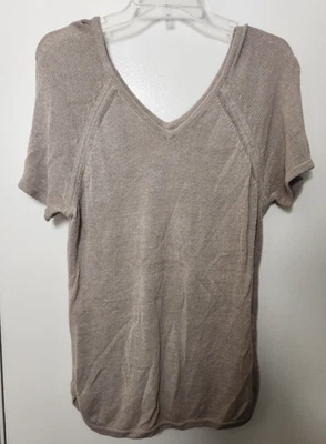 Banana Republic V Neck Beige Linen Viscose Knit Tunic Top Sweater Short Sleeve M - Image 1 of 4