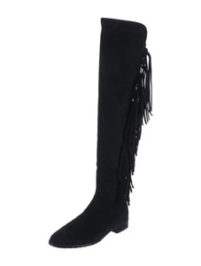 Stuart Weitzman Boots Black Suede & Stretch Fringe Over The Knee Pull On Size 9 - Picture 1 of 9