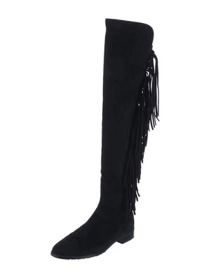 Stuart Weitzman Boots Black Suede & Stretch Fringe Over The Knee Pull On Size 9 - Image 1 of 4