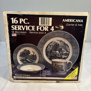 Currier & Ives Royal China Americana Service For 4 Plates Bread Bowls Cups 16 Pc - Picture 1 of 9