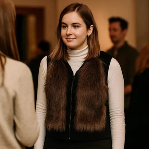 Adrianna Papell Black Ribbed Knit Sweater Vest M Brown Faux Fur Front Full-Zip - Picture 1 of 5