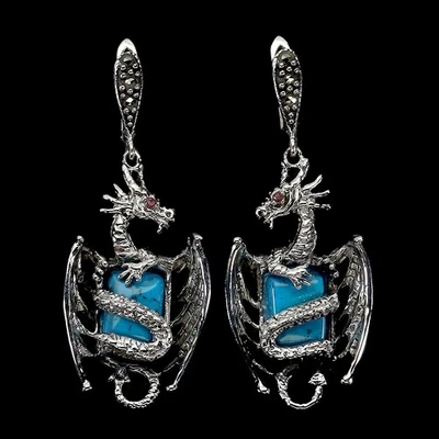 925 Sterling Silver Earrings Antique Turquoise Stabilized Ruby Gemstone Jewelry - Image 1 of 4