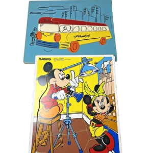 Lot of 2 Vintage Playskool Wood Puzzles Disney Mickey Mouse & Bus - Picture 1 of 9