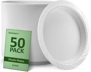 50 Count 6" White Plastic Plates Disposable Heavy Duty for Weddings, Parties, an - Picture 1 of 5