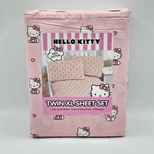 Hello Kitty XL Twin Sheet Set 3 Piece Pink Hearts 100% Cotton Valentine’s Day - Picture 1 of 3