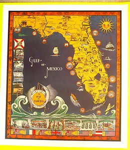 LITHOGRAPH PRINT ART DECO BRIGHT COLORFUL PICTORAL PICTURE MAP OF FLORIDA, 1935 - Picture 1 of 11