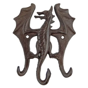 Cast Iron Dragon Triple Wall Hook Rack Key Hanger Fantasy Decor Rustic Brown - Picture 1 of 5
