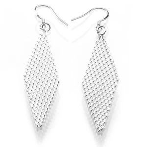 Women Earrings 925 Silver Plated Silky Chain Mesh Prismatic Dangle Earrings  - Picture 1 of 6