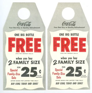 2 1950’s Buy 2 Family S ize Coca Cola for $.25 & get 1 Free Bottle, Tags - Picture 1 of 2