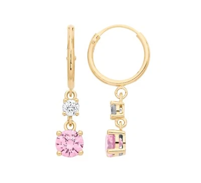 Pendientes de aro colgantes de oro amarillo de 9 quilates sobre plata simulados de zafiro rosa y circonita cúbica Foto 1 de 4