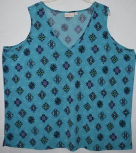 Belle Kim Gravel 3X Tank Sleeveless Stretch Top Turquoise Print V-Neck Blouse - Picture 1 of 17