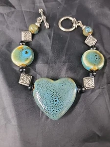 Handmade Painted Blue Ceramic Focal Heart Bead W/ Silvertone Findings Bracelet - Picture 1 of 15