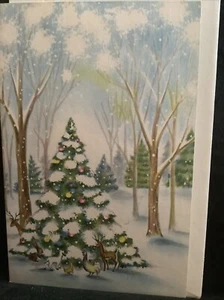 Vintage Christmas Greeting Card Sweet Animals Around The Christmas Tree Unused - Picture 1 of 4