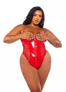 Lencería de peluche body copa y tanga de charol de vinilo rojo talla grande - Imagen 1 de 11