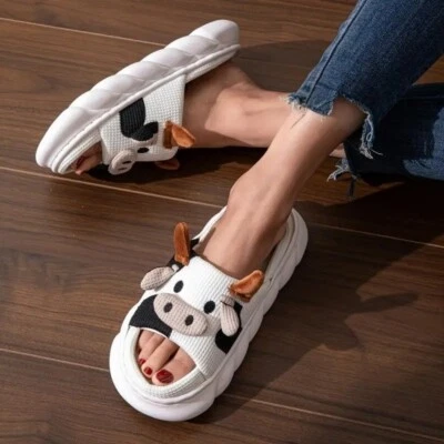Zapatillas de animales de vaca para mujer/hombre cómodas algodón lino Kawaii Cloud Slides Foto 1 de 4