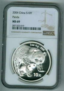 2004 CHINA PANDA 1oz .999 FINE SILVER 10 YUAN S10Y NGC MS 69 - Picture 1 of 2