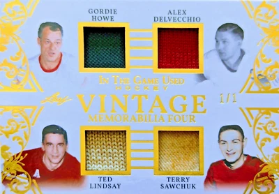 🔥#/1  GOLD HOWE SAWCHUK LINDSAY VINTAGE RELIC 2020-21 LEAF ITG IN THE GAME USED - Image 1 of 4