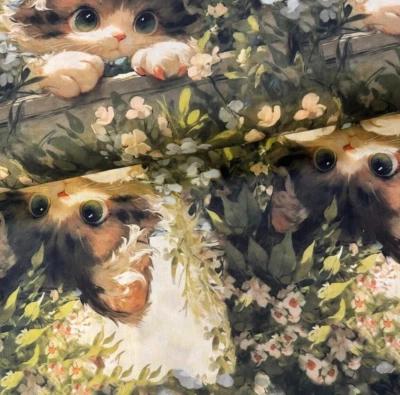 Stoff Meterware Baumwollstoff Patchwork 50 cm Blumen & Süße Katzen  Malerei - Bild 1 von 4