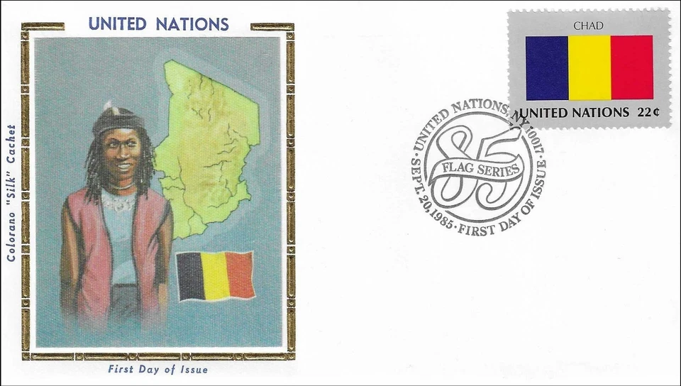 Chad National Costume Dress Flag Map UN Gold Foil Silk FDC Cachet 1985 - Image 1 of 1