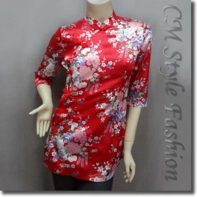 * Túnica chinesa Cheongsam estilo Qipao floral cetim vermelha P - Imagem 1 de 4
