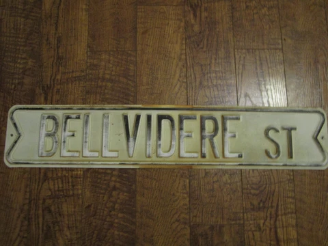 Antique Vtg White & Black Enamel Metal Street/Road Sign BELLVIDERE St. 31x6 Cover
