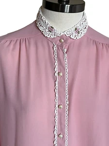 Camicia blusa Mr. Stan Dallas grande rosa pizzo colletto bottoni perle donna vintage - Foto 1 di 12