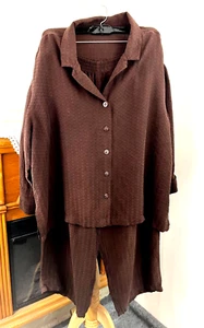 Tianello Button Front Cuff Sleeves Side Open Brown Textured Blouse & Pants~Large - Picture 1 of 10