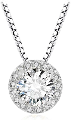 1Ct Collana Halo Donna Argento 925 Con Cubica Zirconia, Collana Ciondolo Pietra  - Immagine 1 di 4