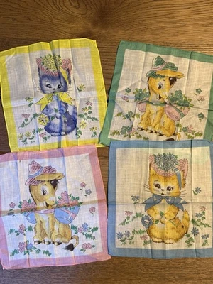 4 VINTAGE CHILDRENS HANKIES Animals Cat Donkey Graphics - Image 1 of 4