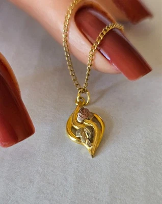 Colgante de dos hojas de oro Black Hills de 10 quilates en una cadena de oro de 18" Foto 1 de 4