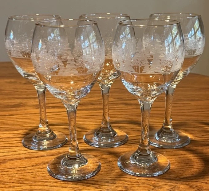Set 5 Hand-Blown Crystal Wine Glasses Etched Winter Scene Trees Gold Rim 7.75” - Image 1 of 4