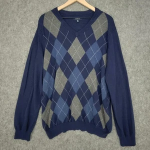 Croft & Barrow Sweater Mens 2XL Blue Gray Argyle Pullover V Neck Casual XXL - Picture 1 of 8