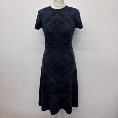 Hobbs Dress Size 10 Blue Black Floral Pattern Short Sleeve 100% Merino Wool - Image 1 of 4