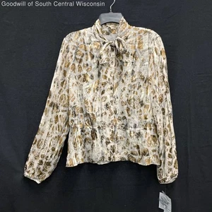 NWT Wmns ANNE KLEIN Silk Blend Tan Gray Textured Cinch Waist Pussy Bow Blouse 16 - Picture 1 of 5