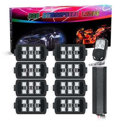 8PCS Motorcycle RGB LED Light Kit Multi-Color Atmosphere Underglow Lights Remote Foto 1 de 4