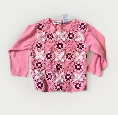Suéter de ganchillo de manga larga cuadrado abuela algodón Ramie rosa y rojo Faded Glory 4T Foto 1 de 3