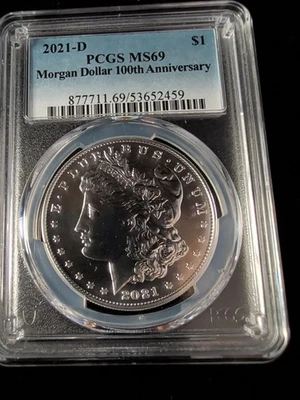 2021 D Morgan Silver Dollar PCGS MS69  100 YEAR ANAVERSARY - 53652459 - Image 1 of 4
