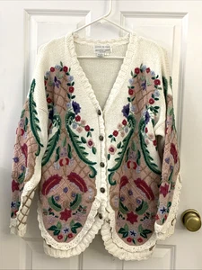 Vintage JENNIFER REED Cardigan Pullover Cottagecore Handstrick Granny Floral LARGE - Bild 1 von 20