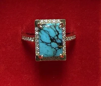 Anillo Halo Diamante Turquesa Oro Amarillo 14k Talla 7 Cabujón Rectangular Foto 1 de 4