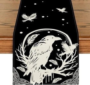 Runner Tisch Krähe Weiß Schwarz Raben Frühling 140x40cm Halloween Runen - Bild 1 von 6