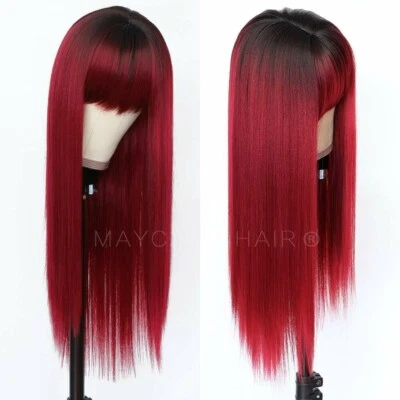 Long Ombre Red Synthetic Hair Wigs Full Bangs Heat Resistant Cosplay Party Wig - Image 1 of 4