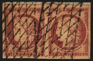 n°6 paire, Cérès 1849, 1fr carmin, oblitéré grille sans fin sur fragment - B/TB - Picture 1 of 2