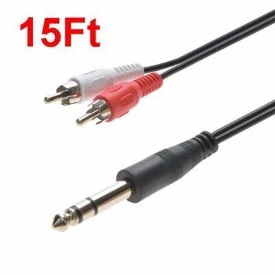 15FT 1/4" (6.35mm) Stereo Male to 2-RCA L+R Male Plug Dj Guitar Cable Audio Cord - Image 1 of 3