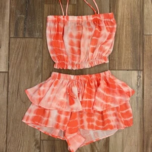Vintage Havana Girls Shorts Set 2 Piece Orange Tie Dye Layered Ruffle Tank USA M - Picture 1 of 5