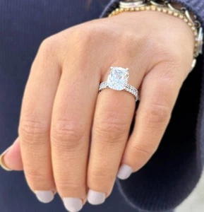 Cushion Cut Simulated Diamond Engagement Ring And Band 14K White Gold 5.40CTW - Picture 1 of 12